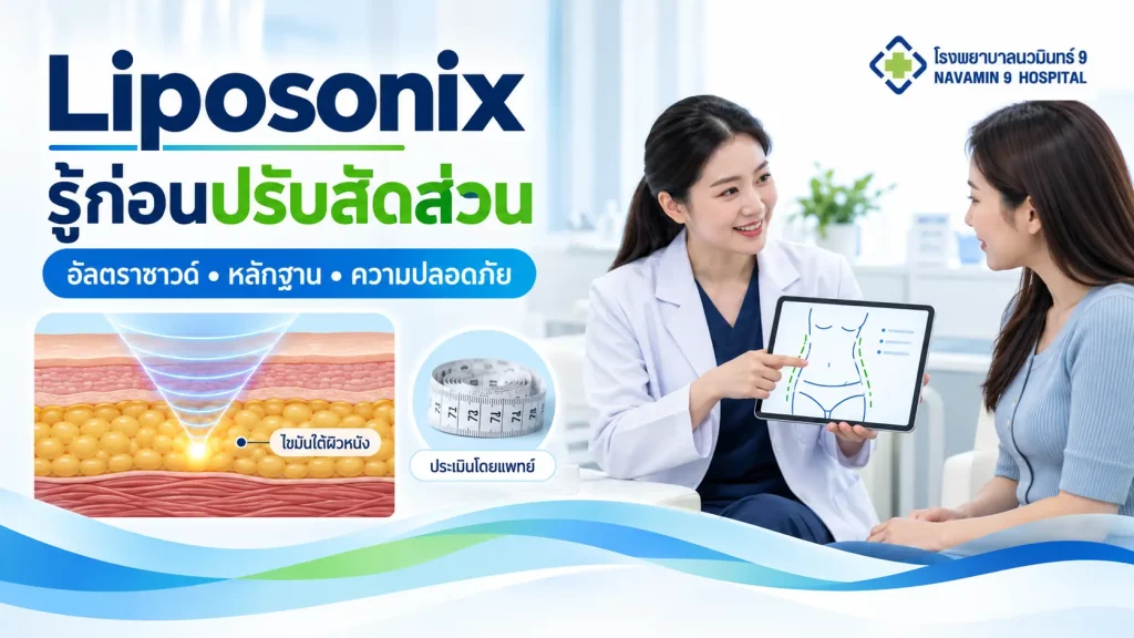 แพทย์อธิบายการประเมินสัดส่วนแก่ผู้หญิง ข้างภาพแนวคิดอัลตราซาวด์โฟกัสในชั้นไขมันใต้ผิวหนัง