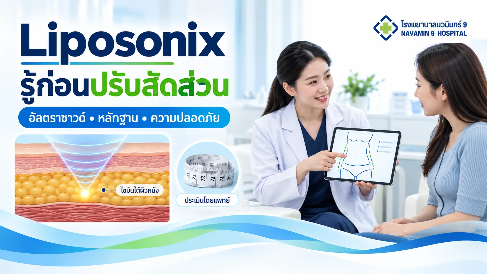 แพทย์อธิบายการประเมินสัดส่วนแก่ผู้หญิง ข้างภาพแนวคิดอัลตราซาวด์โฟกัสในชั้นไขมันใต้ผิวหนัง