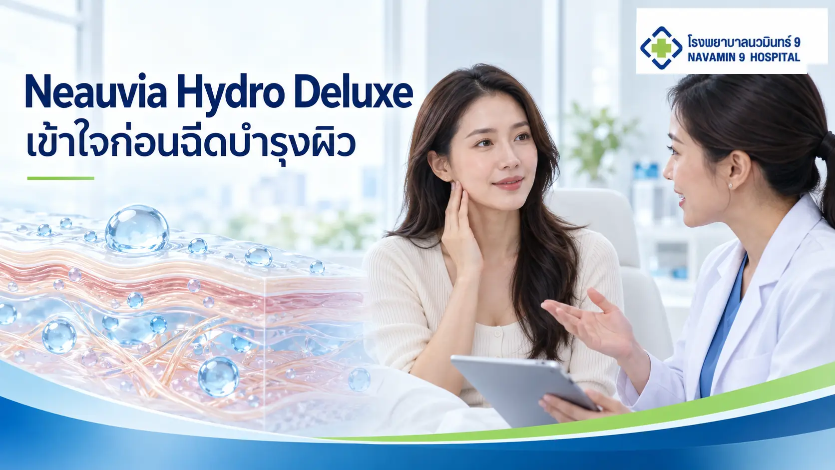 ผู้หญิงปรึกษาแพทย์เรื่อง Neauvia Hydro Deluxe ข้างภาพแนวคิดชั้นผิวและการอุ้มน้ำ