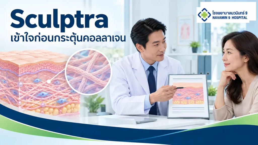 ผู้หญิงปรึกษาแพทย์เรื่อง Sculptra ข้างภาพแนวคิดชั้นผิวและเส้นใยคอลลาเจน