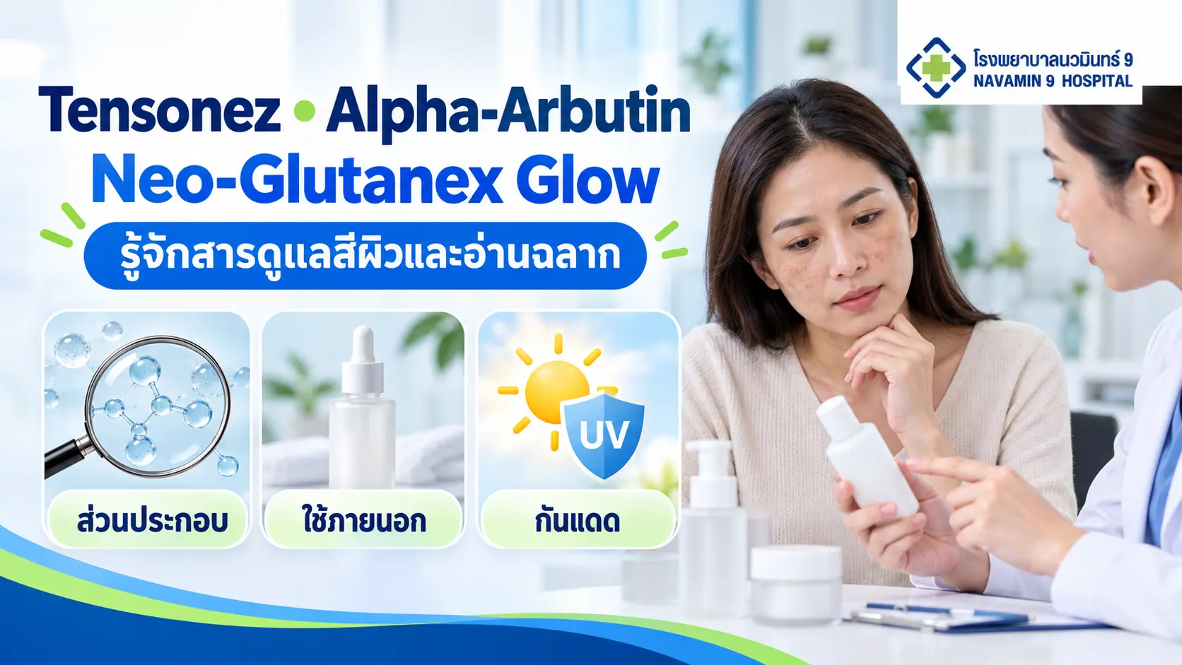 ผู้หญิงและแพทย์ดูผลิตภัณฑ์บำรุงผิว ข้างสัญลักษณ์ส่วนประกอบ การใช้ภายนอก และการป้องกันแดด