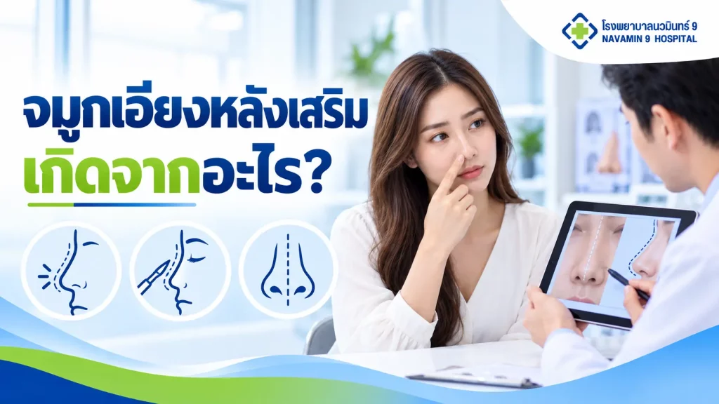 ผู้หญิงชี้บริเวณจมูกขณะปรึกษาแพทย์ พร้อมภาพประกอบแนวจมูกเอียงหลังเสริม